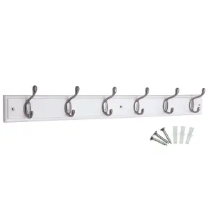 keypak 6-Hook Wall-Mounted Coat Rack, 68cm - White Wooden Board, Satin Nickel Coat Hooks - Fixings Included