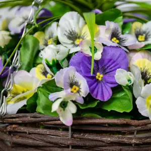 Artificial Pansy Flowers Rattan Hanging Basket Decoration Yellow Purple & White 25cm