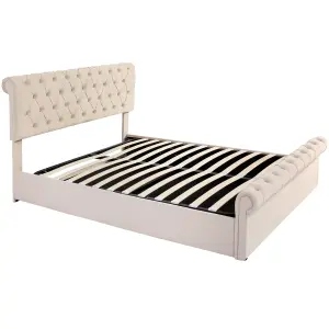 Modern Ottoman Velvet Double Bed Frame 4FT6 Tufted Headboard with Large Under Bed Storage Beige Cream 135x190cm