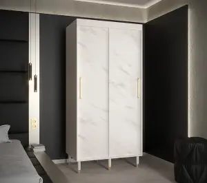 Bergen Contemporary 2 Sliding Door Wardrobe Gold Handles Marble Effect 5 Shelves 2 Rails White (H)2080mm (W)1000mm (D)620mm