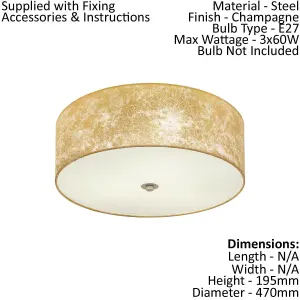 Flush Ceiling Light Colour Champagne Circular Shade Gold Fabric Bulb E27 3x60W