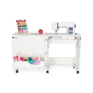 Compact White Sewing Machine Cabinet with Lift Mechanism