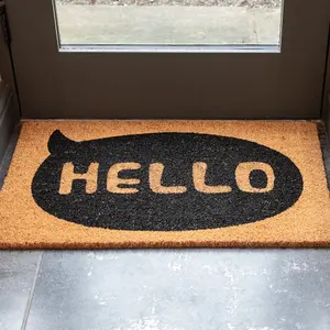 Printed Natural Coir Door Mat Hello Speech Bubble Decorative Heavy Duty Entrance Mat 45cm x 75cm Indoor / Sheltered Outdoor Use