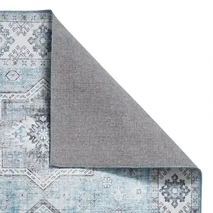 Light Blue Traditional Bordered Geometric Rug for Bedroom & Living Room-60 X 225cm (Runner)