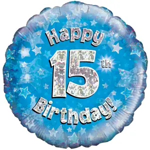 Oaktree 18 Inch Happy 15th Birthday Blue Holographic Balloon Blue/Silver (One Size)