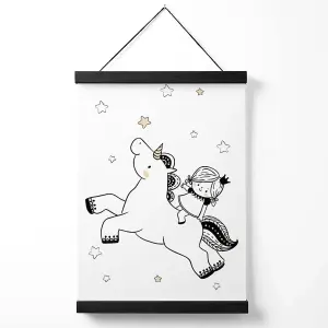 Scandi Princess Little Girl and Unicorn Medium Poster with Black Hanger