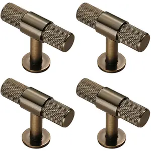 4x Knurled Cupboard T Shape Pull Handle 50 x 13mm Antique Brass Cabinet Handle