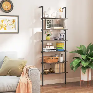 COSTWAY 6-Tier Ladder Shelf Wall Mounted Industrial Bookshelf with Metal Frame