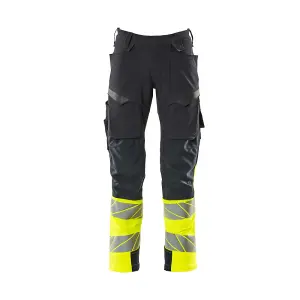 Mascot Accelerate Safe Trousers with Kneepad Pockets - Dark Navy/Hi-Vis Yellow   (42.5) (Leg Length - Short)