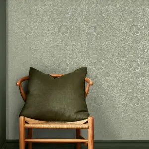 William Morris Gallery Collection Fibrous Sage Marigold Metallic effect Smooth Wallpaper