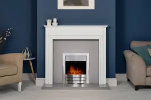 Adam Honley Fireplace in Pure White & Grey with Downlights & Colorado Electric Fire in Brushed steel, 48 Inch