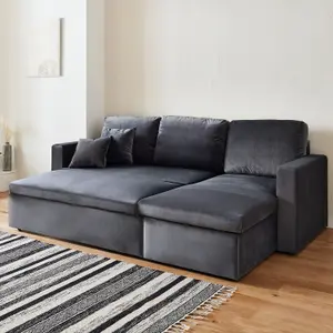 sweeek. 3-seater reversible corner sofa bed with storage Ida velvet Charcoal Grey 219x147x68 cm