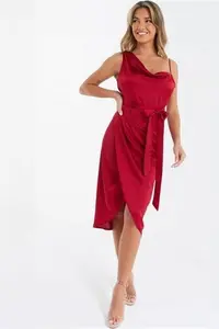 Quiz Satin One Shoulder Midi Dress Material_Polyester - Red - Casual Dresses Size 14 UK