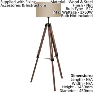 Tripod Floor Lamp Light Wood Leg & Taupe Fabric Shade 1 x 60W E27 Bulb