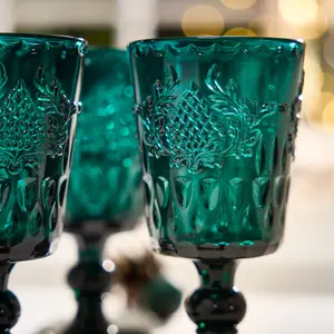 Set of 2 Luxury Embossed Dark Green Drinking Wine Glass Wine Goblets 290ml