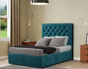 Castle Ottoman Bed Floor Standing Headboard Matching Buttons Plush Emerald