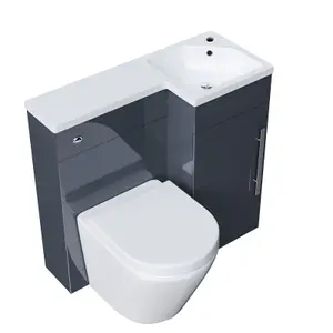 Nes Home Flat Packed Compact 900mm Grey L-Shape Right Hand Vanity Unit, Rimless Toilet Set