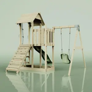 PolarPlay Balcony Tower Kids Wooden Climbing Frame with Swing and Slide - Swing Calder Sage