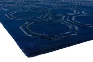 Navy Wool Handmade Luxurious Modern Geometric Rug Easy to clean Living Room and Bedroom-160cm X 230cm