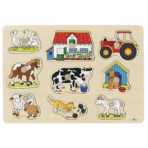 Goki Lift-Out Wooden Puzzle Farm Animals - Tractor Horse Ducks Cat