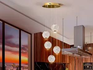 Luminosa Austral Modern Cluster Drop 5 Light LED Pendant Light, Spherical Carved Crystal Globes, 1264lm, 3200K