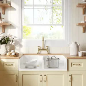 Fireclay Kitchen Bundle - Double Bowl Butler Sink, 2 x Wastes & Bridge Crosshead Tap, 895mm - Brushed Brass - Balterley