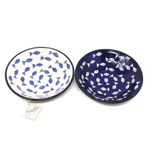 Signature Blue & White Fish Hand Painted Ceramic Set of 2 Mixed Pasta Bowls (Diam) 23cm