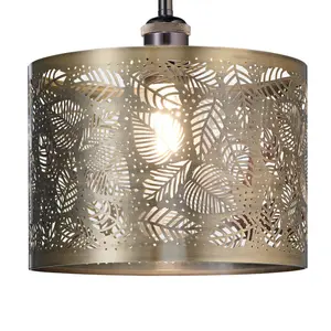 Contemporary Pendant Light Shade with Fern Leaf Decoration Antique Brass