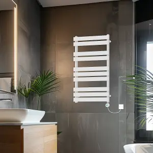 Rinse Bathrooms 1000x600mm White Designer Flat Panel Electric Heated Towel Rail Thermostatic Timer Bathroom Towel Radiator 600W