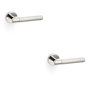 2 PACK - SOLID BRASS Knurled Door Handle Set - Polished Nickel Straight Lever Round Rose