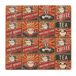 Retro Drinks Large Square Glass Worktop Protector - Hot Drinks American Diner 60s Smooth Kitchen Chopping Board