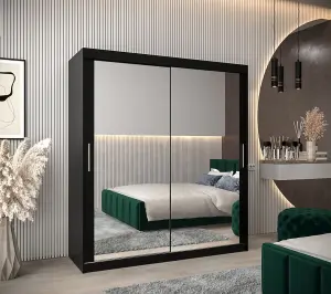 Tokyo 03 Contemporary Mirrored 2 Sliding Door Wardrobe 9 Shelves 2 Rails Black Matt (H)2000mm (W)1800mm (D)620mm