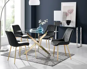 Furniturebox UK Leonardo 4 Gold Dining Table and 4 Black Pesaro Gold Leg Chairs