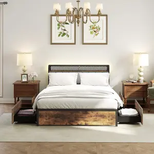 COSTWAY King Size Metal Bed Frame with LED Lights & 4 Storage Drawers