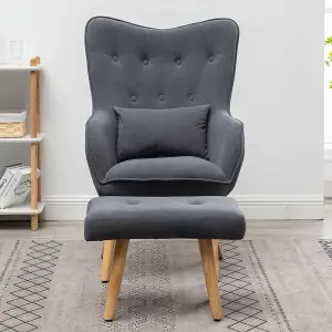 Vintage Frosted Velvet Upholstered Wing Back Armchair Lounge Chair with Footstool and Cushion Grey