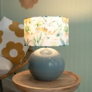 ValueLights Bosco Eucalyptus Ceramic Table Lamp with Tropical Print Drum Shade - LED Bulb Included