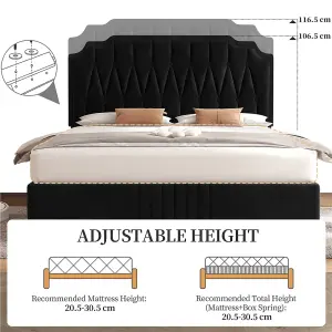 Yaheetech Black 4ft6 Double Upholstered Bed Frame with Button-Tufted Adjustable Headboard and Wooden Slat Support