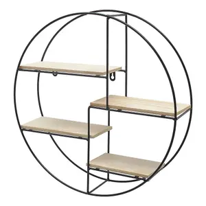 4 Wooden Shelves Modern Round Floating Wall Mount Shelf Wall Accent with Iron Frame