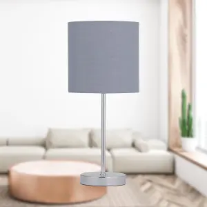 First Choice Lighting Chrome Stick Table Lamp with Grey Cotton Shade