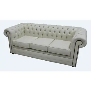 Chesterfield 3 Seater Sofa Settee Charles Cream Linen Fabric In Classic Style