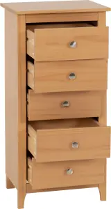 Oslo 5 Drawer Narrow Chest in Pine Finish with Metal Handles