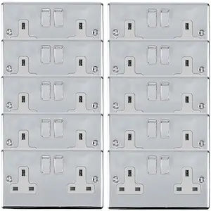 10 PACK 2 Gang Double UK Plug Socket POLISHED CHROME 13A Switched White Trim