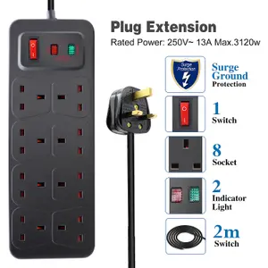 Extrastar 8 Gang Switched Surge-Protected Extension Lead 2m Black 13A