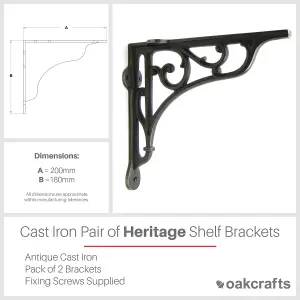 Oakcrafts - Pair of Antique Cast Iron Heritage Shelf Brackets - 180mm x 200mm