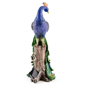 Solar Peacock Ornament - Weatherproof Polyresin Outdoor Garden Decoration with Red LED Lights - H48cm x W21cm x D18cm