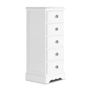 Romance True White 5 Drawer Tallboy with Crystal Handles