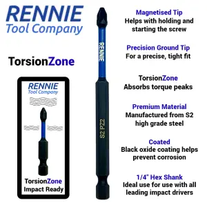 Rennie Tools 6 Piece Extra Long PZ2 Magnetic Impact Screwdriver Bits Set With Impact Bit Holders. 2 PZ2 x 100mm & 150mm