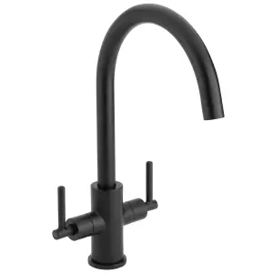 Luxury Matt Black Dual Lever Kitchen Sink Mixer Tap with Matching Basket Strainer Waste & Square Overflow