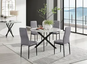 Furniturebox UK Novara White Marble Black Leg 120cm Round Dining Table & 4 Grey Velvet Milan Black Leg Chairs