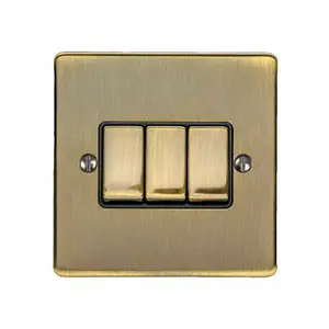 3 Gang Triple Light Switch ANTIQUE BRASS 2 Way 10A Black Trim & Metal Rocker